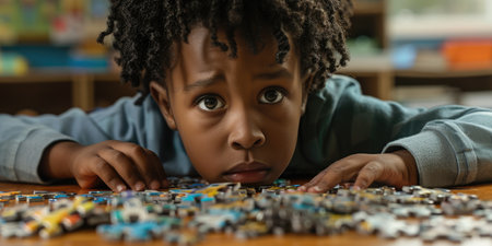 Close up of skilled elementary student looking jigsaw while looking at camera. Attractive children working, playing, solving puzzle while colorful jigsaw scatter around at blurring background. AIG42.の素材