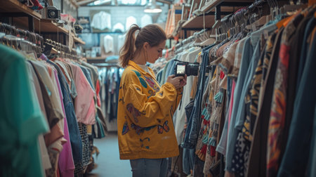 A customer is viewing outerwear in a retail clothing store in the city, exploring different options for her wardrobe. AIG41の素材