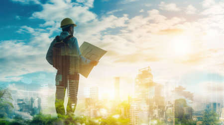 Professional civil engineer holding project plan with double exposure with building. Skilled architect and interior designer reading blueprint and standing while inspect with cityscape view. AIG42.の素材