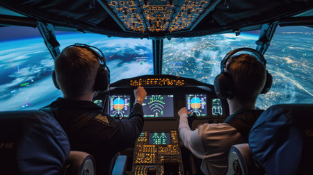 Smart pilot training and looking at control panel in simulated flight. Confident professional pilot practicing flying aircraft while sitting at plane cockpit and learning to use control panel. AIG42.の素材