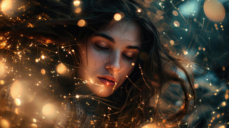 Portrait of beautiful female teenager face relaxing and sleeping surrounded with glowing aura while her hair blowing. Close up of attractive woman closing her eyes and absorbing power of light. AIG42.の素材
