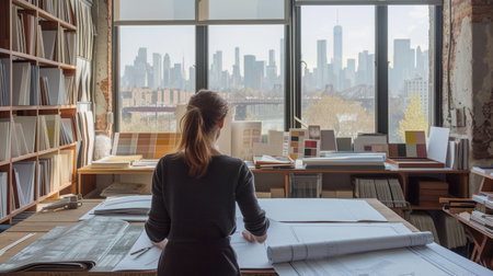 An interior designer is absorbed in evaluating various fabric samples spread across her studio table, with a backdrop of the cityscape outside. AIG41の素材