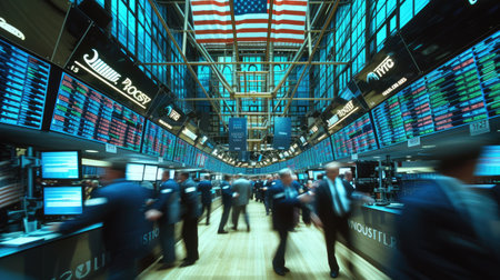 A image of crowd of diverse people walking around at hall with stock market trading. Multicultural business people surrounded trading displayed abstract financial statistic graph or chart. AIG42.の素材