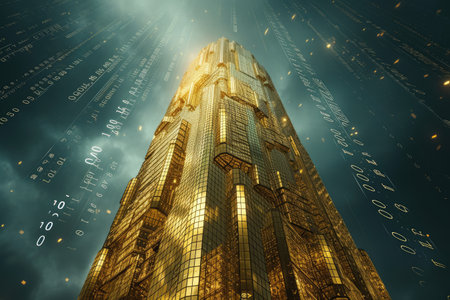 Big piles of gold coin stacked up arrange to form like tall tower or skyscraper with sky background. Arrangement of golden coins stacked up represent money investment or financial management. AIG42.の素材