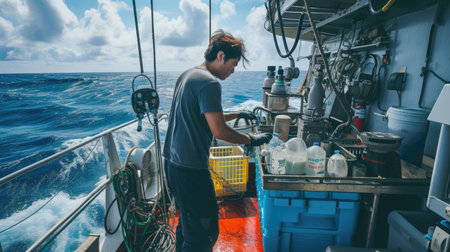 A marine scientist examines water samples on a research vessel, conducting environmental analysis on the open sea. AIG41の素材