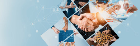 Teamwork and human resources HR management technology concept in corporate business with people group networking to support partnership, trust, teamwork and unity of coworkers in office kudosの写真素材