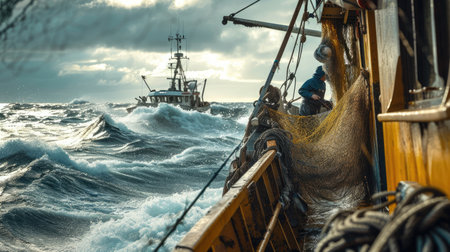 A rugged fishing boat cuts through turbulent ocean waves under a dramatic overcast sky, showcasing the resilience of maritime workers. AIG41の素材