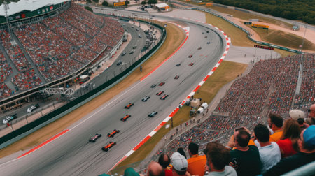 Aerial view of racing car driving car at race track surrounded with smart spectator cheering and watching the competition at grand stand. Top view of group of car racing along the race track. AIG42.の素材
