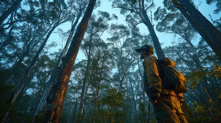 Professional smart explorer looking around and inspect at dark forest. Attractive happy adventurer walking and looking surrounded with towering tree and planning to protect green environment. AIG42.の素材