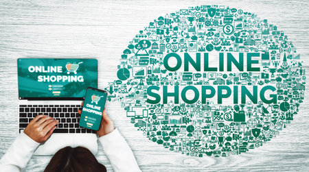 Online shopping and Internet Money Payment Transaction Technology. Modern graphic interface showing e-commerce retail store for customer to purchase product on website and pay by online transfer. udsの写真素材