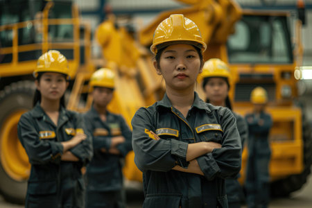 group portrait of construction workers with background of excavation machinery aigx04の素材