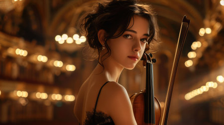 The close up picture of the caucasian professional violinist holding the violin and ready to perform the music melody inside the great orchestra hall that has been filled with the light bulb. AIG43.の素材