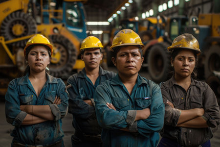 group portrait of construction workers with background of excavation machinery aigx04の素材