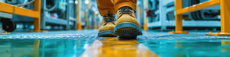 The close up picture view of the engineer is working inside the factory and focus on the boots, the engineer require skill like the technical experience, management and the communication skill. AIG43.の素材
