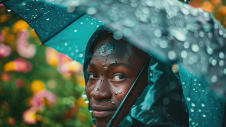The picture of the smiling person wearing the raincoat and holding the umbrella for protection from the rain weather and also surrounded with colourful flower yet umbrella got wet from rain. AIG43.の素材