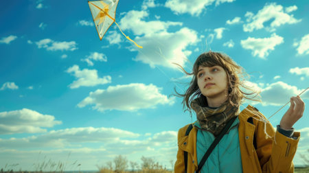 The picture of the person is playing the kite under the bright light from the sun of the clear blue sky that can be conveying the feeling of the happiness, freedom, playful and joyful emotion. AIG43.の素材