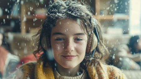 The picture of the young teenager listening to the music with the headphone filled with enjoyment, the listening to music is hobby that involve enjoying musical genres and providing relaxation. AIG43.の素材