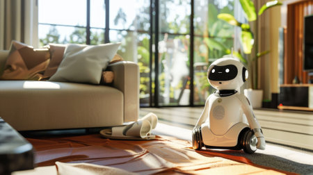The picture of the robot that working as vacuum cleaner inside the indoor building to clear and clean the floor, the cleaning is the type of the household chore require knowledge and detailed. AIG43.の写真素材