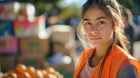 The close up picture of the hispanic female volunteer is working while wearing volunteer vest with blur background and looking at something, the volunteer require skill teamwork and an empathy. AIG43.の素材