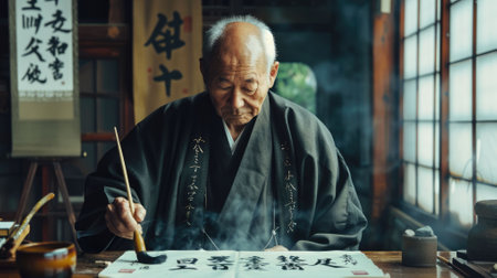 The picture of the calligrapher working inside the building, the calligraphers work is to use brush and writing text on the paper, this job require skills like brushwork skill and patience. AIG43.の素材