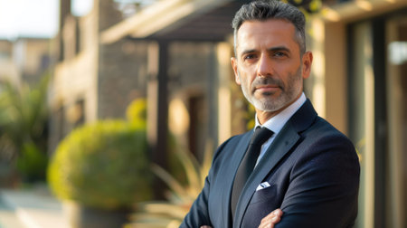 The picture of the middle eastern rich handsome smart person is standing in front of the luxury building, the rich person require skills like the financial management and business knowledge. AIG43.の素材