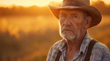 The picture of the farmer working in the crop field of the wheat under the sun at dawn or dusk time, the farmer skill require skills like the management, farming knowledge and physical stamina. AIG43.の素材