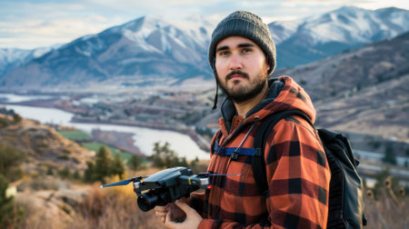 The picture of the professional drone photographer holding the drone that has been surrounded with nature landscape under sunlight, the drone photographer require much experience with drone. AIG43.の素材