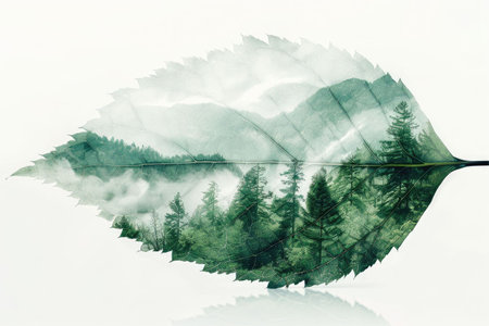 leaf double exposure with beautiful nature background showing concept of sustainability and environmental conservation. aigx04の素材