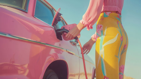 The pastel picture of the person holding the charger to charging the electric vehicle or ev car, the chargeable car is the new technology in renewable green energy that friendly to the world. AIG43.の素材