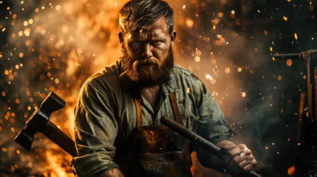 The picture of the blacksmith is working inside the workshop of metalworking that need to use experience, strength and understanding in forging iron, metal, and steel to make good metalwork. AIG43.の素材