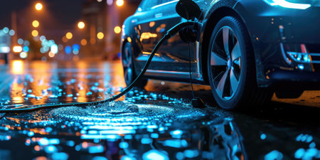 A picture about the electric vehicle that has been charging at the charging station and has been connected with the charger that has been connecting to the electric vehicle to become new tech. AIGX01.の素材