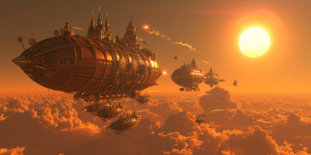 Fantasy steampunk airships float amongst clouds against a dramatic sunset backdrop, evoking adventure and exploration. Resplendent.の素材
