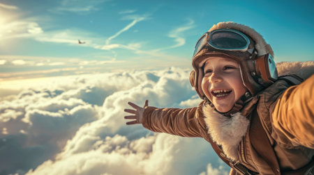 The side view of the picture that has the child flying into the bright sky with the aviator costume and the pair of goggles under the bright light of the bright sun with the happy smile face. AIGX03.の素材