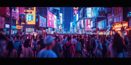 This image presents a stunning night-time cityscape bathed in neon lights, with reflections on streets creating a futuristic atmosphere. Resplendent.の素材