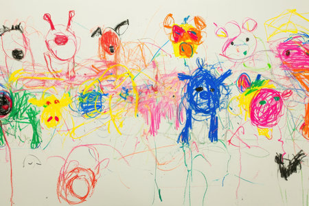 The hand drawing colourful picture of the group of the various type of the animal that has been drawn by the colored pencil or chalk on the white background that seem to be drawn by the child. AIGX01.の素材