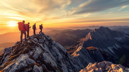 A group of friends on a hiking adventure, panoramic mountain views, capturing the spirit of friendship and exploration. Resplendent.の素材