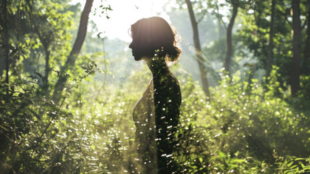 The picture of the young or adult female human doing the standing pose for relaxation or meditating the mind in the middle of the nature under bright sun in the daytime of a dawn or dusk day. AIGX03.の素材