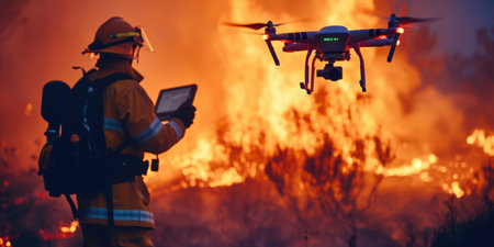 Portrait of firefighter wearing safety gear and using drone to explore the area while preparing or planning to extinguish fire. Close up of fireman wearing protective cloth and survive in fire. AIG42.の素材