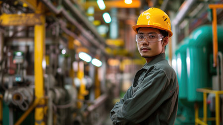 Smart civil engineer with safety helmet looking at production line while standing in front of factory. Professional supervisor or project manager or foreman checking and inspecting machine. AIG42.の素材