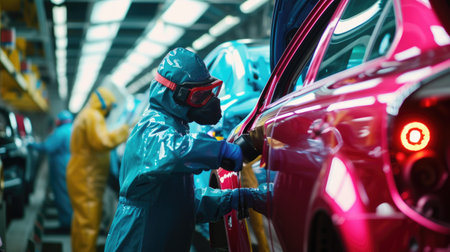 A man is working on a car in a factory, focusing on tires, wheels, automotive lighting, and design. AIG41の素材