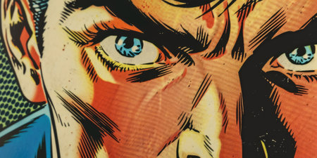 The close up picture that has been drawn in retro or vintage art style comic about confident, handsome, and bold male human looking or staring something outside camera that cannot be captured. AIGX01.の素材