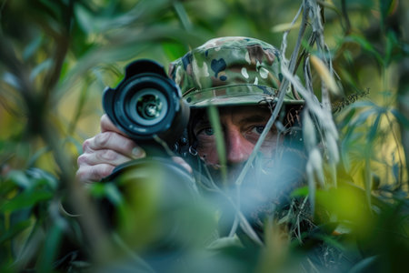 An image of professional wildlife photographer hiding bush surrounded with tree in forest and taking a photo. Hunter inspecting animal while holding and using camera while wearing green cloth. AIG42.の素材