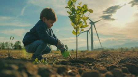 Happy children planting a tree surrounded with wind mill and sitting. Attractive elementary student growing a tree in the garden. Environmental saving world concept. Sustainable energy. AIG42.の素材