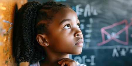 Elementary student looking for faraway and thinking about math lesson while standing in front of blackboard with math problem written. Portrait of child looking up while standing near board. AIG42.の素材