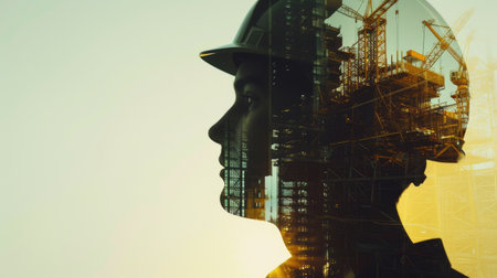 Double exposure of engineer wearing safety helmet with building construction or skyscraper. Close up portrait of architect or interior designer thinking about designing architectural building. AIG42.の素材