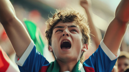 A jubilant young man, with his arms raised high, joyfully shouting and showing his excitement with a triumphant gesture at a soccer game. AIG41の素材