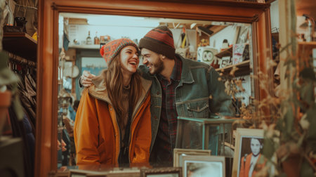 In the crowded city store, under the dim street lights, a man and a woman exchange smiles, creating an artful moment of connection. AIG41の素材