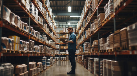 A man is in a retail building, observing a tablet while surrounded by shelves, shelving units, and publications. AIG41の素材