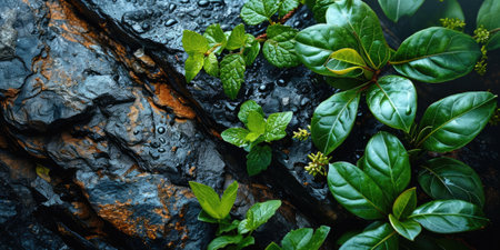 The picture of nature that focused to the green leaf from tree in the forrest that stay on ground and got illuminated with bright light of a sunlight in the summer or spring time of the year. AIGX03.の素材
