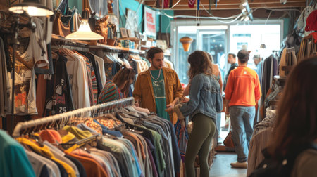 A crowd of customers is touring a retail building in the citys clothing marketplace. AIG41の素材